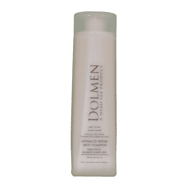 Dolmen Advanced Repair Mud Shampoo bottle with Dead Sea minerals, essential oils, and vitamin E.