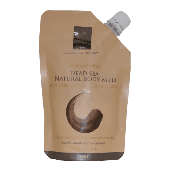 Plastic pouch of Dead Sea Natural Body Mud with a circular design and text in English and Arabic.