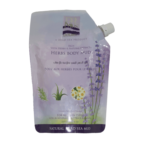 Packaging of a Dead Sea product, Herbs Body Mud, featuring lavender and other herb illustrations.