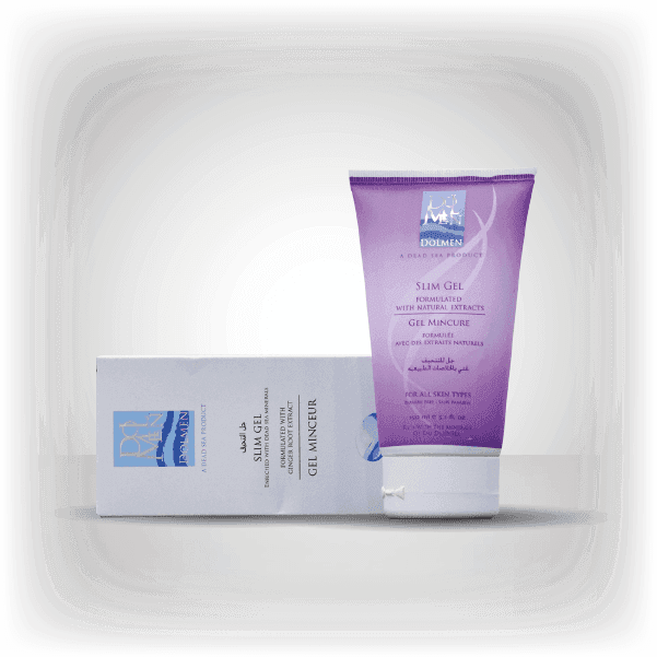 A purple tube of Slim Gel formulated with natural extracts placed next to its white box packaging.