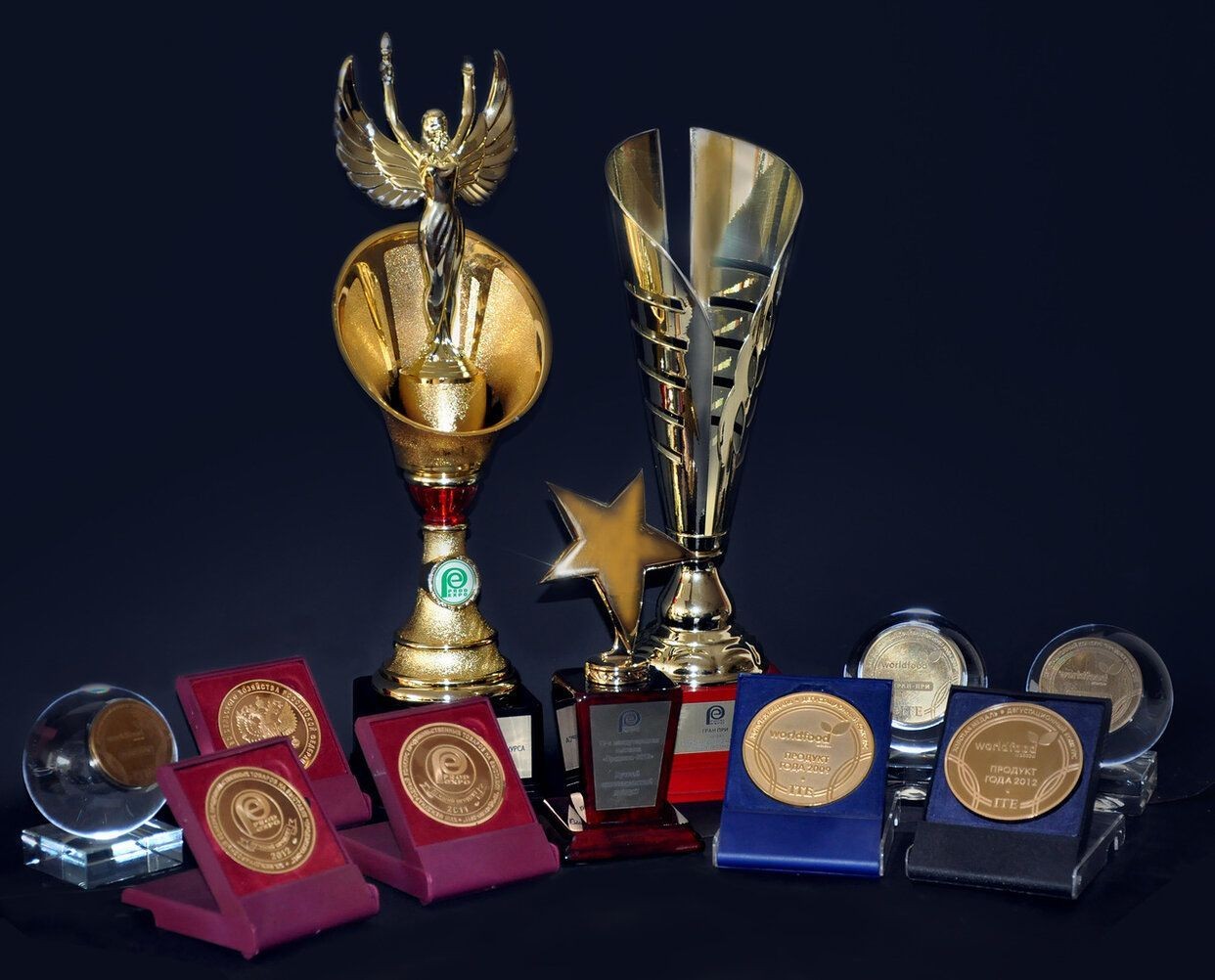 A collection of various gold trophies and medals displayed against a dark background, representing achievement and awards.