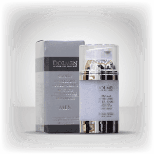 Skincare product for men, featuring a silver and transparent bottle next to its matching box.