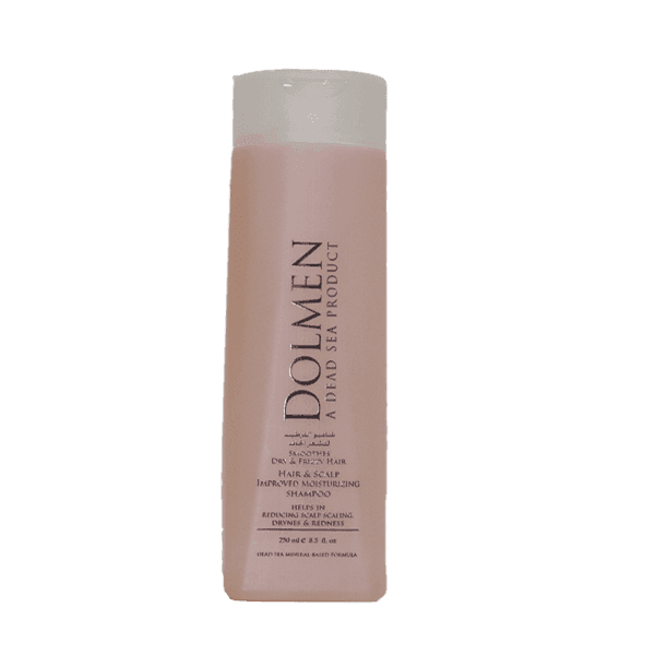 Dolmen Dead Sea Product shampoo bottle for dry, frizzy hair, and scalp moisturizing.