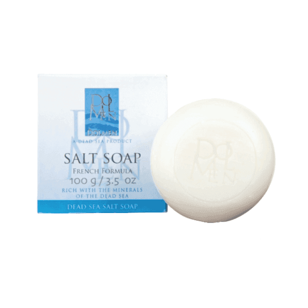 Dolmen Dead Sea Salt Soap bar and its packaging box with product details.