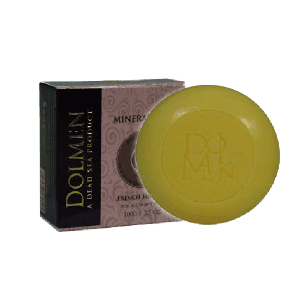 Box and a round bar of Dolmen French formula mineral soap with Dead Sea ingredients.