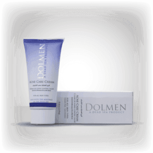 Tube of Dolmen acne care cream next to its white and purple packaging box.