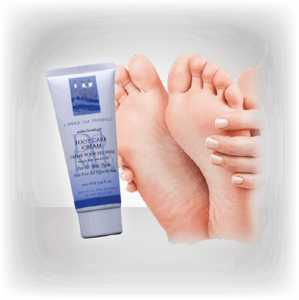 Foot care cream product next to a person's feet, emphasizing smooth and well-maintained skin.