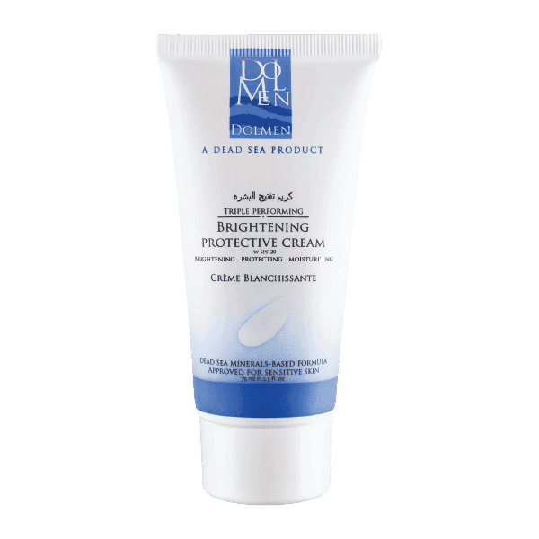 Tube of Dolmen brightening protective cream with Dead Sea minerals, designed for sensitive skin.